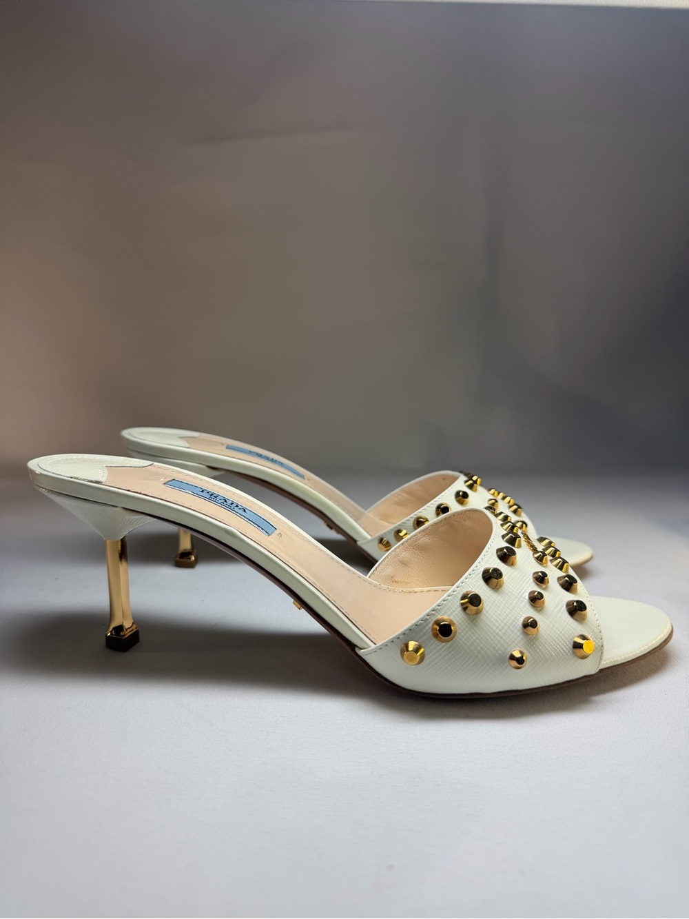 White Studded Open-Toe Mules with Gold Heel